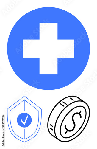 Blue cross in a circle representing healthcare, shield with a checkmark symbolizing protection, and coin illustrating financial value. Ideal for insurance, medical costs, benefits, savings, coverage