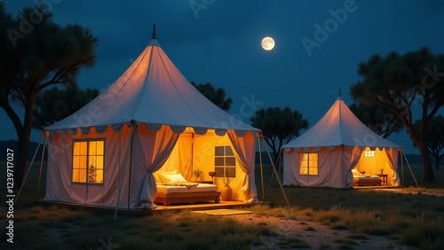 A luxurious, mystical space within a silk tent is illuminated by soft, ethereal moonphase nightlights, casting dramatic shadows that evoke ancient stories and myths. photo