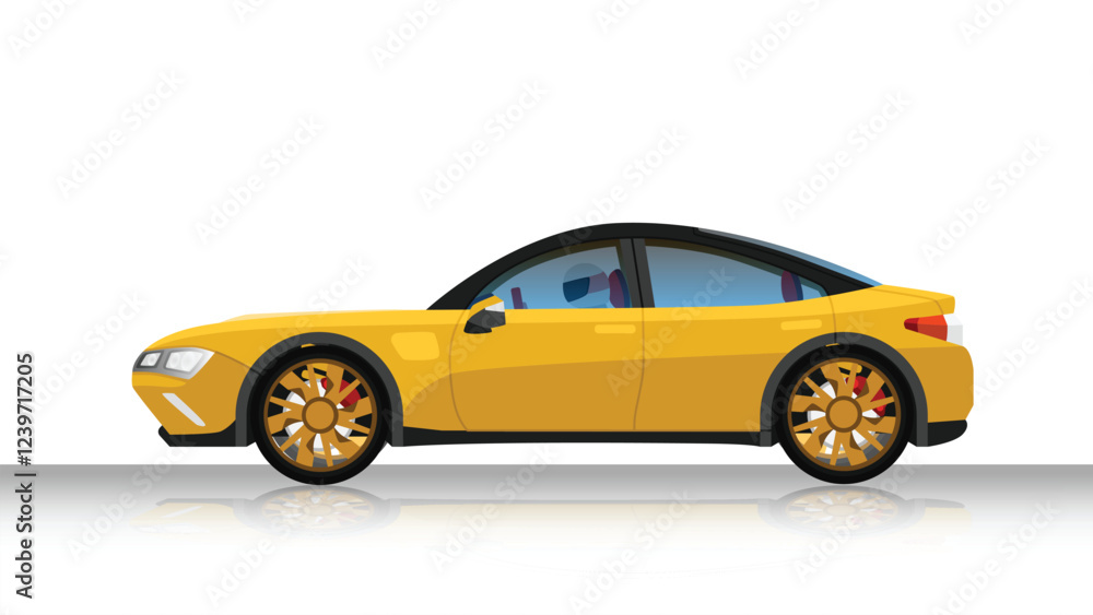Concept vector illustration of detailed side of a flat yellow sport car. with shadow of car on reflected from the ground below. can view interior of car with driving man. Isolated white background. Concept vector illustration of detailed side of a flat yellow sport car. with shadow of car on reflected from the ground below. can view interior of car with driving man. Isolated white background.