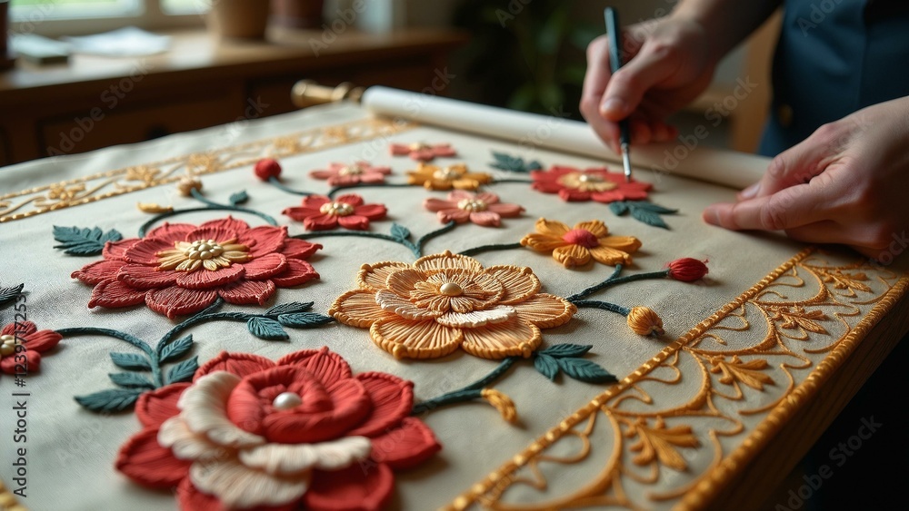 A workshop filled with embroidered silk tapestries, fine line details, luxurious fabrics, and skilled artisans at work. A workshop filled with embroidered silk tapestries, fine line details, luxurious fabrics, and skilled artisans at work.