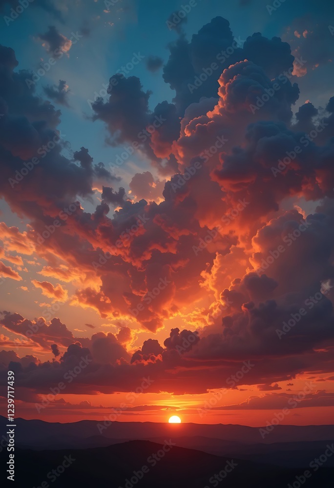 Fototapeta premium Fiery Sunset Sky Over Distant Mountain Ranges