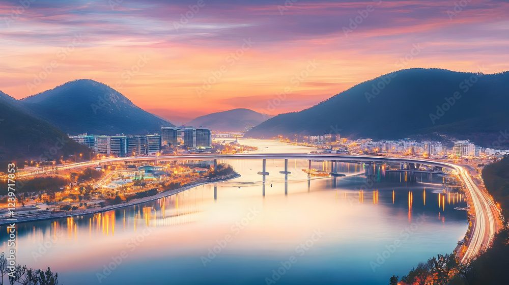 Tranquil Cityscape Reflects on Calm Waters at Dawn, Bridges Connect Urban and Natural Landscapes Serene Sunrise Tranquil Cityscape Reflects on Calm Waters at Dawn, Bridges Connect Urban and Natural Landscapes Serene Sunrise