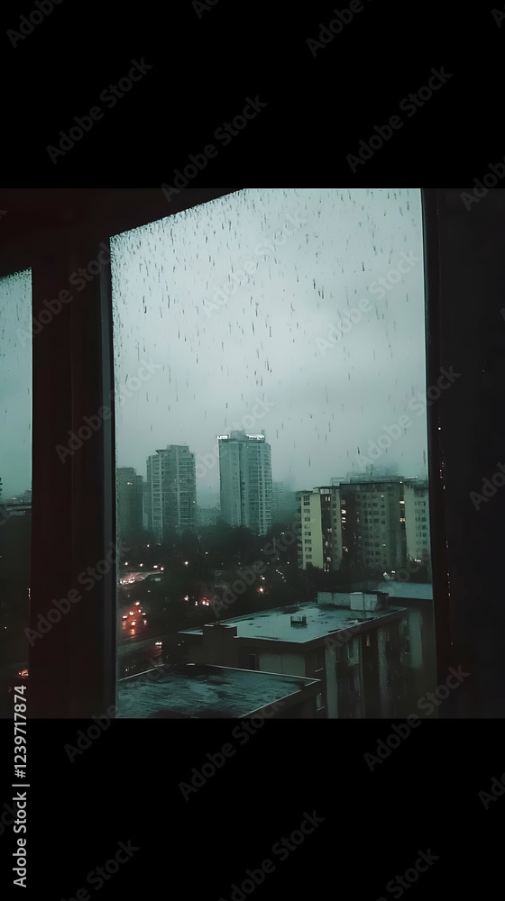 Rainy City View Through a Window Shows Buildings and Traffic in the Distance. Rainy City View Through a Window Shows Buildings and Traffic in the Distance.