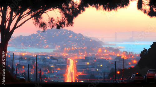 Cityscape at Sunset with Li...