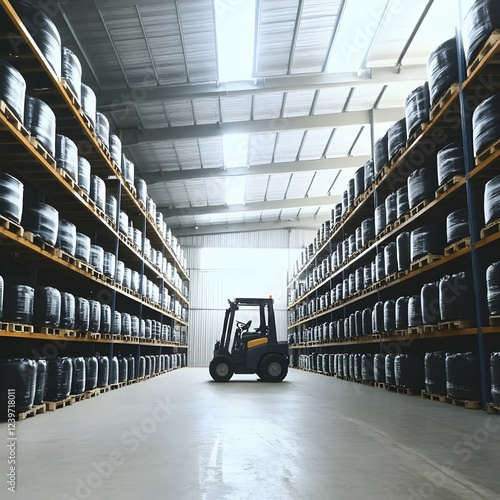 Forklift Sits in Warehouse ...