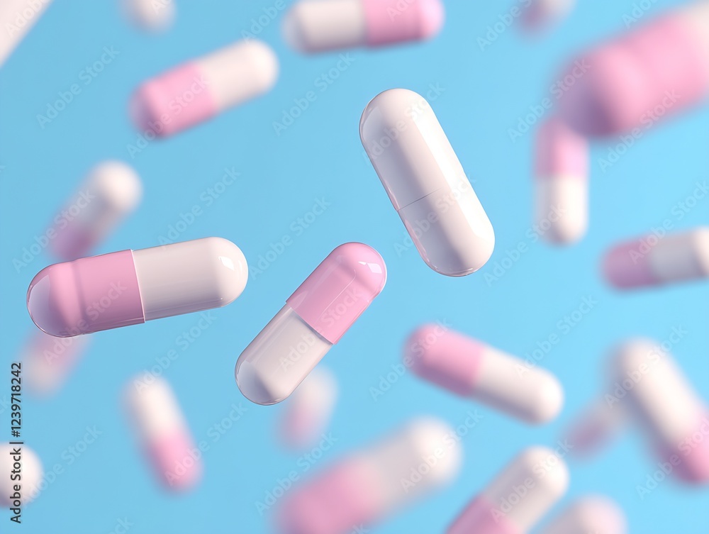 Floating Pink and White Capsules with Airy Background for Health and Wellness Focus : Generative AI Floating Pink and White Capsules with Airy Background for Health and Wellness Focus : Generative AI