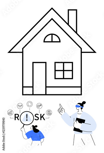 Large house outline, person inspecting RISK with magnifier, professional pointing at issues. Ideal for insurance, safety audits, property evaluation, risk management, consulting services, home