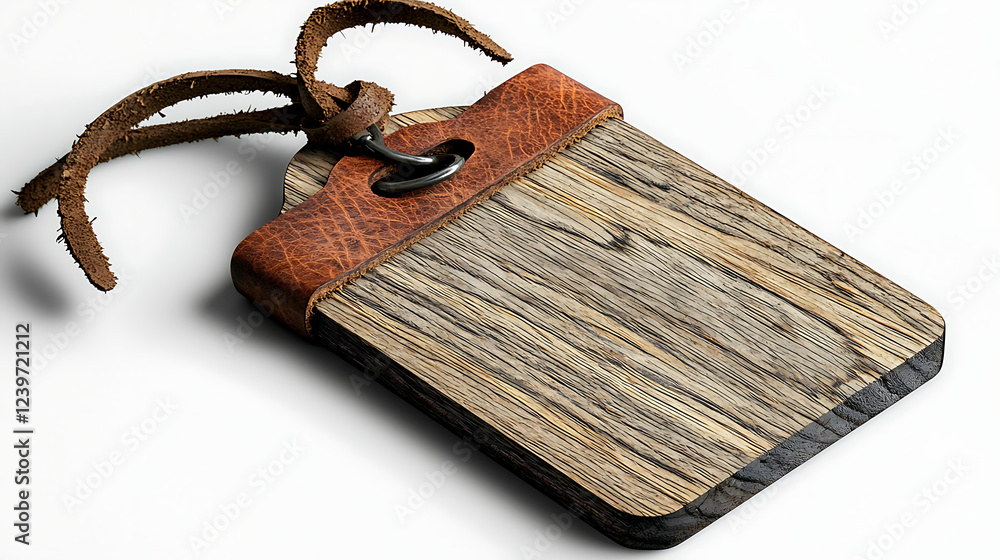 Fototapeta premium A tag with a leather cord is hanging from a wooden board. generated using AI