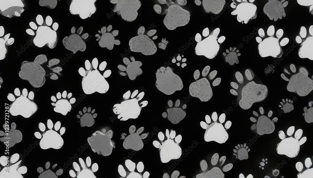 Doodle paw print seamless black background pattern, black doodle art, paw prints, abstract design Doodle paw print seamless black background pattern, black doodle art, paw prints, abstract design