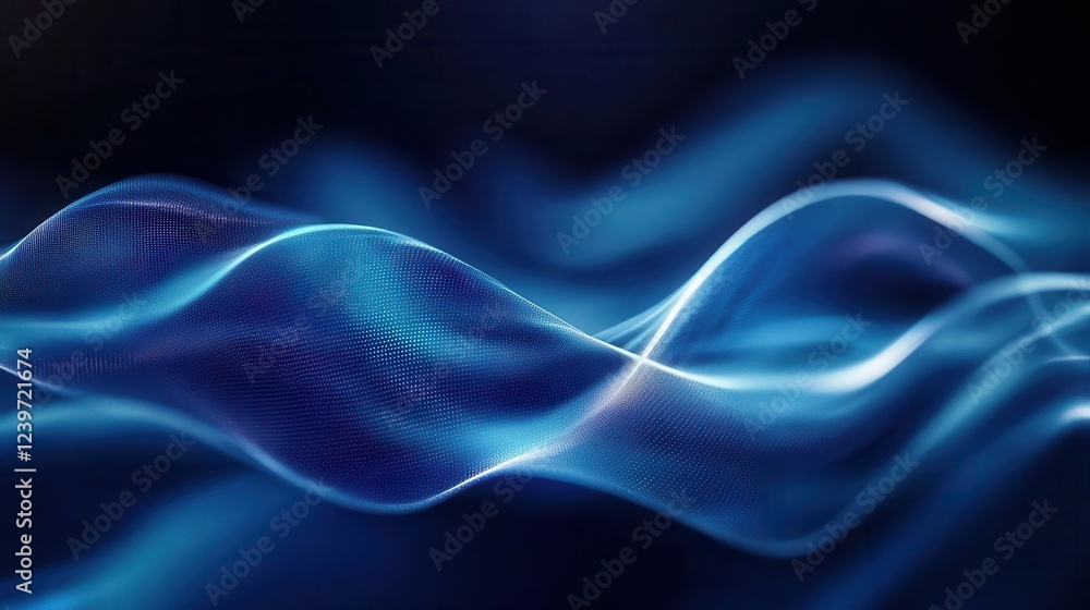Fototapeta premium dynamic digital fluid art in deep sapphire and cerulean blues, flowing wavelike forms with luminescent highlights, abstract tech aesthetic