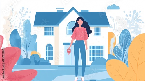 Young Woman Holding Keys: An Illustration Depicting Home Ownership, Rental, and Real Estate Concepts