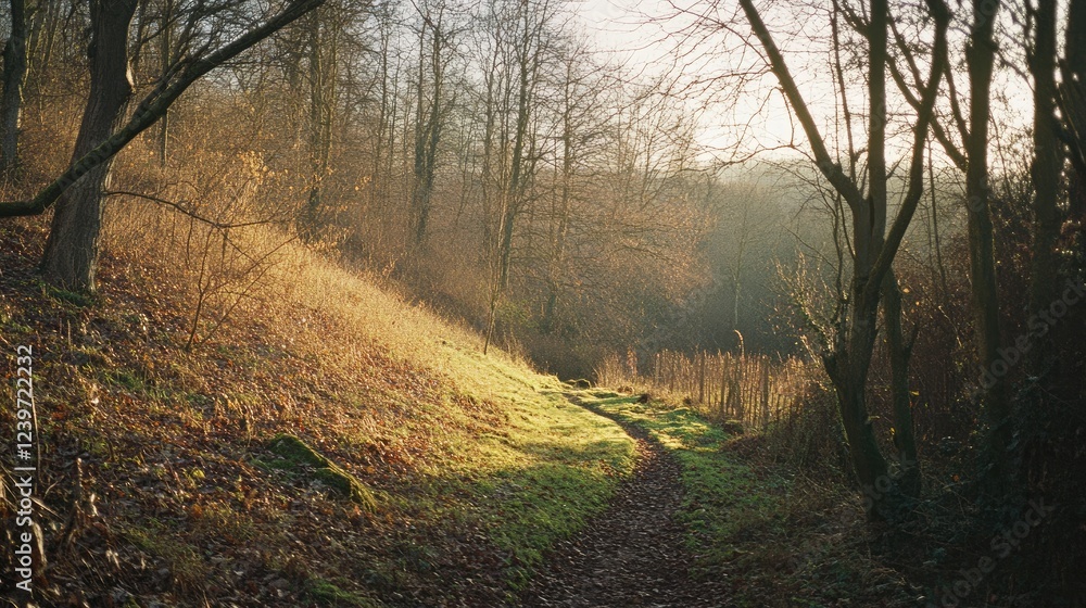 Obraz premium Serene Forest Path at Sunrise with Golden Morning Light