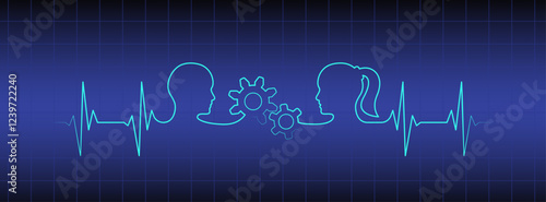 Blue medical banner editable love couple, man, woman head vector with gears. Heart rhythm ekg vector design to use for love, healthy lifestyle, emotion, romance concept illustration projects. 