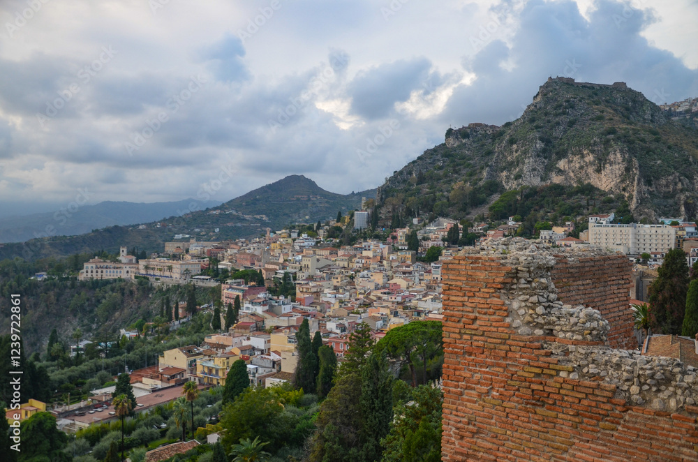 view of Taormina from the viewpoint Ancient Theatre view of Taormina from the viewpoint Ancient Theatre