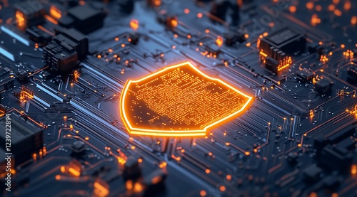 Abstract Shield Shape on Circuit Board Reflecting Data Security and Technology : Generative AI photo