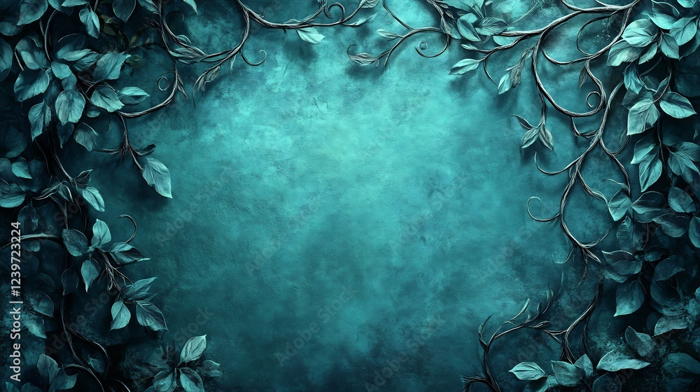 Naklejka premium Moody teal background framed by twisting dark vines and leaves. AI Generated