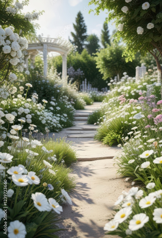 Fototapeta premium Elegant White Garden with Different Blooming Flowers, blooming flowers, stems, greenery