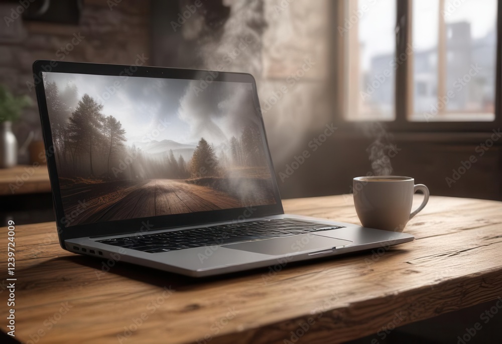 Empty laptop screen on a worn wooden table next to a steaming cup of coffee, solitude, electronic, coffee Empty laptop screen on a worn wooden table next to a steaming cup of coffee, solitude, electronic, coffee