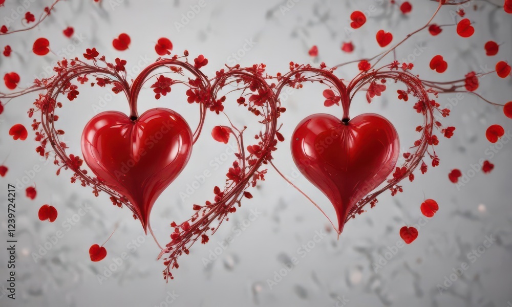 Entwined red hearts with delicate floral patterns , red rose bouquet, heart connection, love bond Entwined red hearts with delicate floral patterns , red rose bouquet, heart connection, love bond