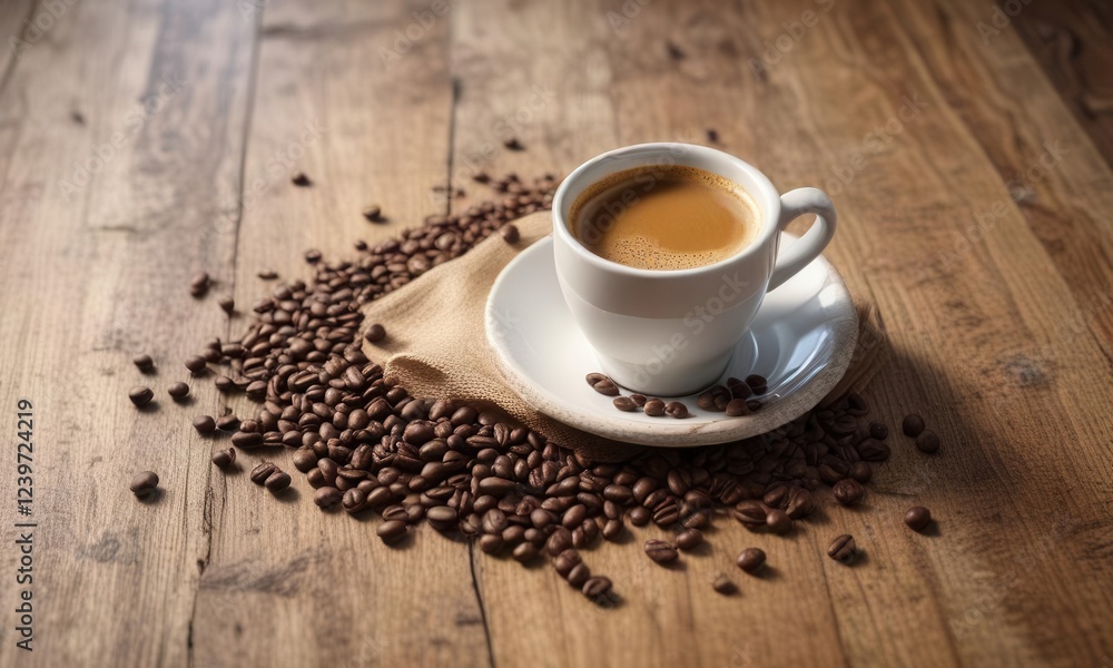 Espresso coffee cup on worn wooden table with scattered coffee beans, wooden table, coffee, vintage Espresso coffee cup on worn wooden table with scattered coffee beans, wooden table, coffee, vintage