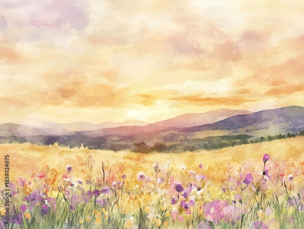 Fototapeta premium ethereal digital watercolor wildflower field at sunset, dreamy pastels blending into rich golden hour hues