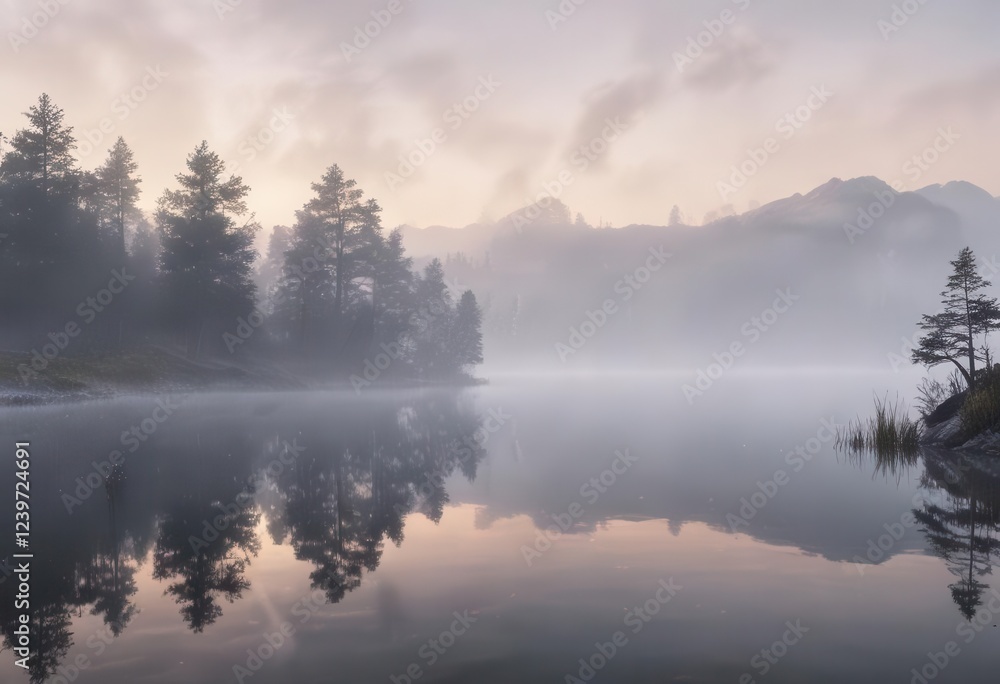 Ethereal landscape with soft, white fog rolling over a serene lake at dawn, lake, sunrise, nature Ethereal landscape with soft, white fog rolling over a serene lake at dawn, lake, sunrise, nature