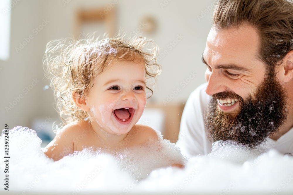 Family fun time with toddler enjoying bubble bath under natural light in bright bathroom Family fun time with toddler enjoying bubble bath under natural light in bright bathroom