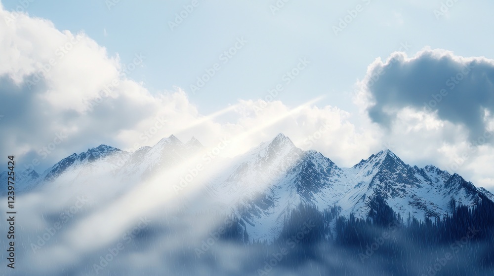 Sunbeams Over Snowy Mountain Peaks Sunbeams Over Snowy Mountain Peaks