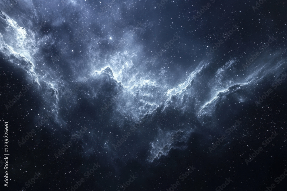 Fototapeta premium Dark celestial nebula with swirling cosmic dust in a deep blue space setting