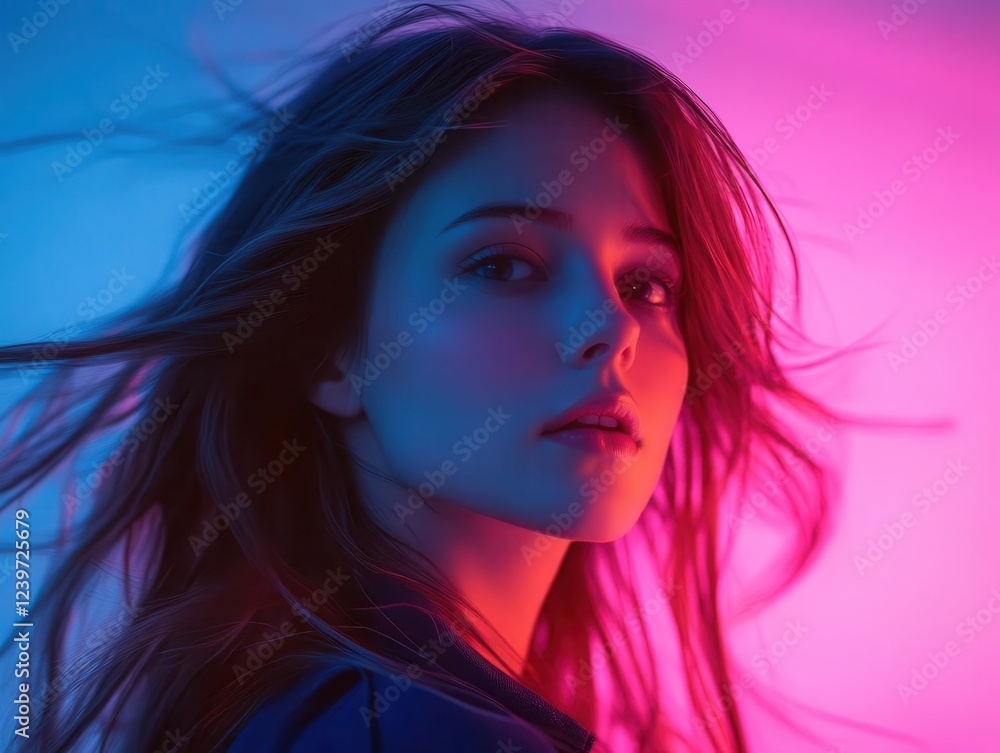ethereal portrait of a young woman with luminescent skin, flowing hair caught in motion, dramatic side lighting creating a cinematic atmosphere in cool tones ethereal portrait of a young woman with luminescent skin, flowing hair caught in motion, dramatic side lighting creating a cinematic atmosphere in cool tones