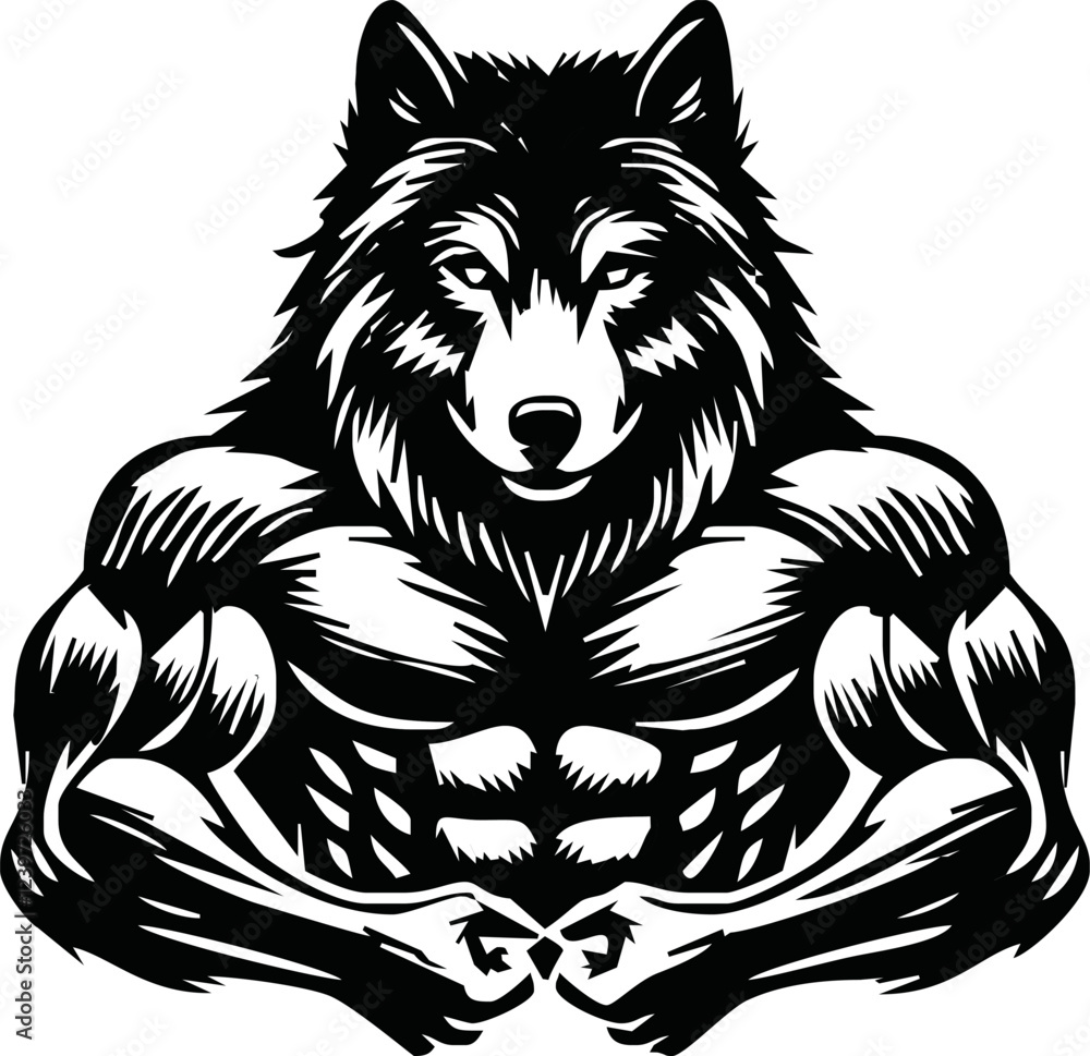 Fototapeta premium Graphic Mascot Vector Image of a wolf boxer. Logos for sport athletic club. Coat of Arms for the gym or sports shop. Wolf head. Vector illustration