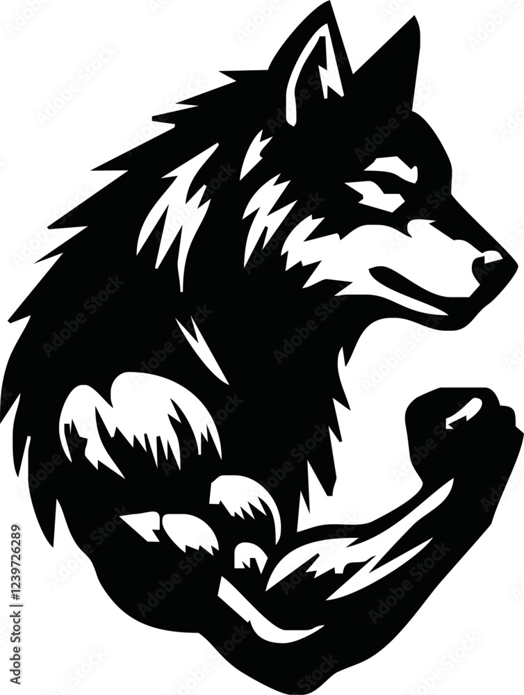 Obraz premium Graphic Mascot Vector Image of a wolf boxer. Logos for sport athletic club. Coat of Arms for the gym or sports shop. Wolf head. Vector illustration