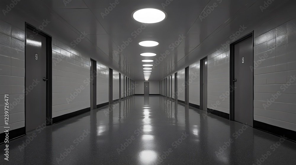 Fototapeta premium A long hallway with many doors and a sign that says 
