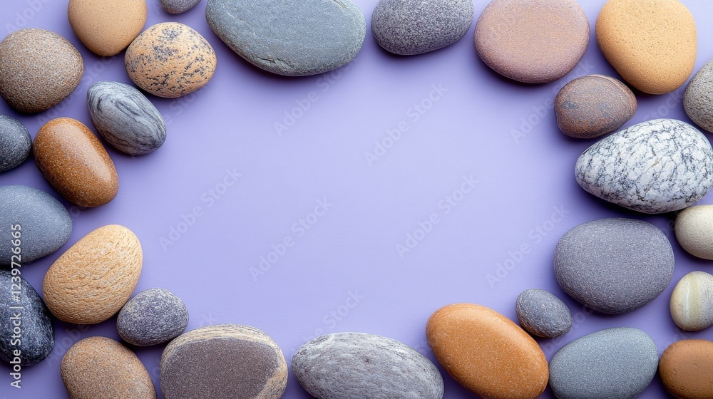 Smooth stones arranged in a frame on purple Smooth stones arranged in a frame on purple