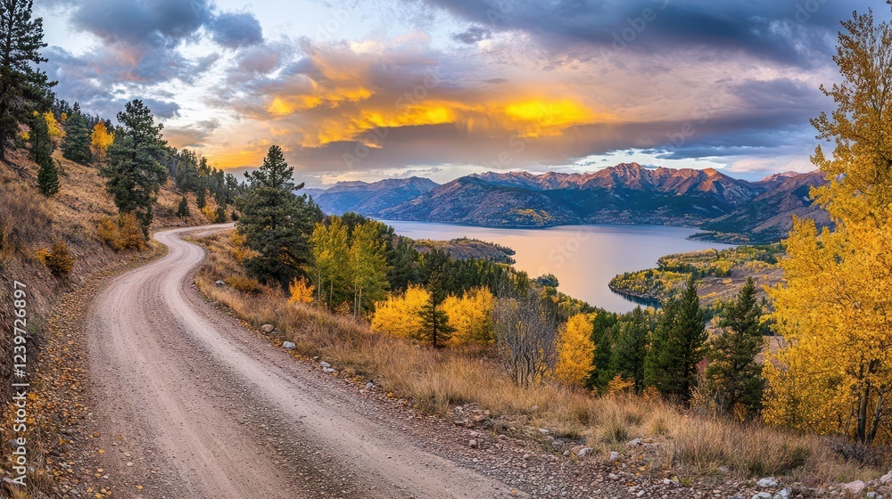 Obraz premium winding mountain road curves through autumn forest toward crystalline alpine lake, golden hour light bathes distant peaks in warm hues, dramatic clouds reflect on water