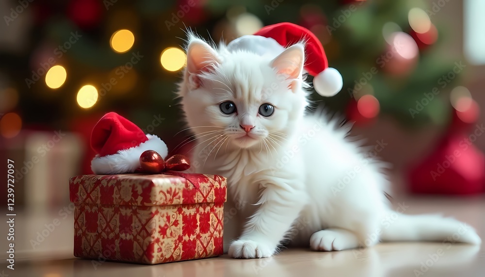 Adorable White Kitten in Santa Hat with Christmas Gift Adorable White Kitten in Santa Hat with Christmas Gift