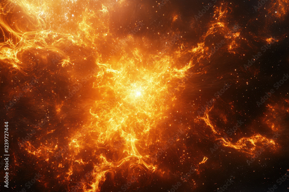 Naklejka premium Blazing cosmic storm with swirling fire and plasma in an interstellar nebula