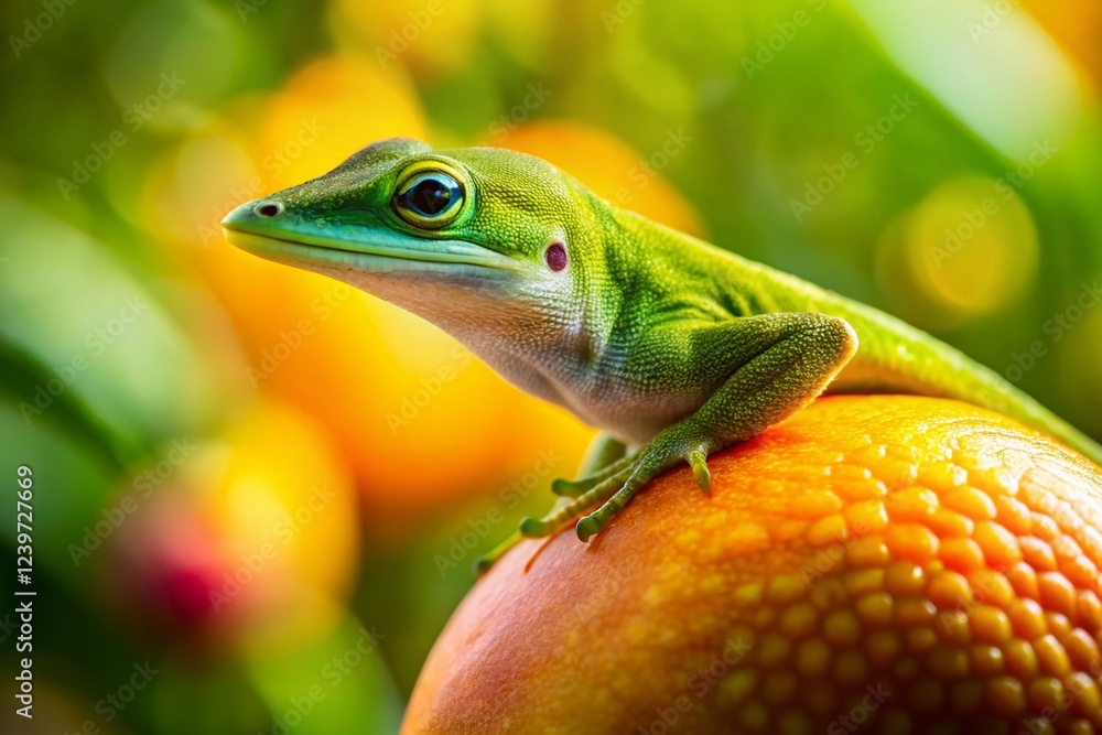 Fototapeta premium Green Anole Lizard Climbing on Mango, Tropical Fruit, Reptile, Closeup