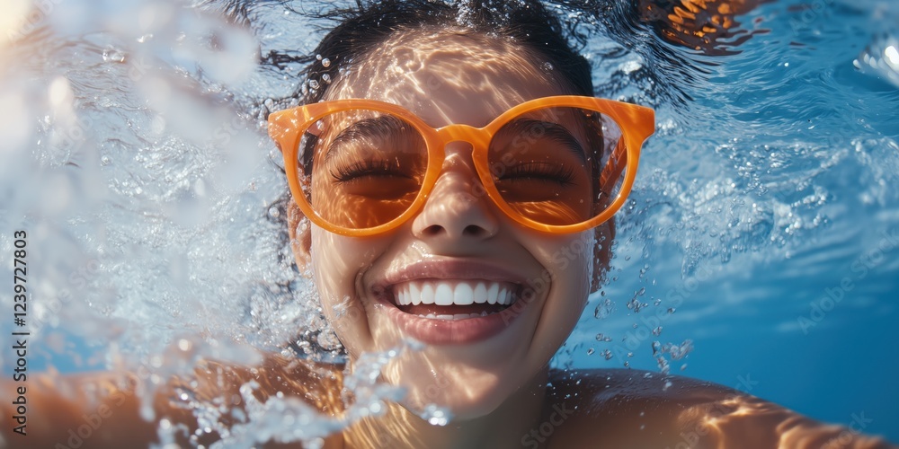 Fototapeta premium A joyful woman is swimming happily in the sparkling, clear water under the bright sun, wearing vibrant orange sunglasses and embodying the very essence of carefree summer fun and relaxation vibes