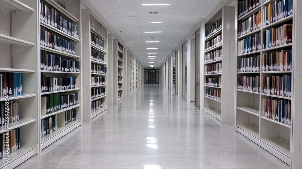 Library hallway, bookshelves, quiet study space, education Library hallway, bookshelves, quiet study space, education