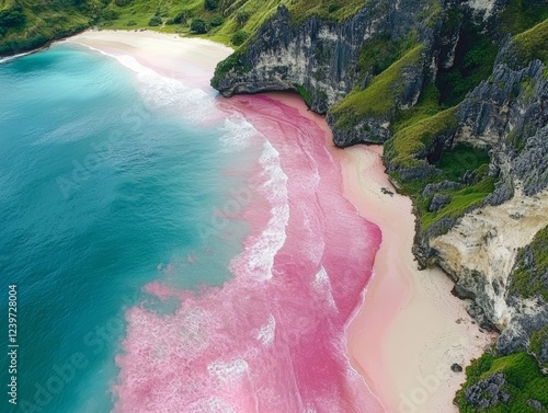 Aerial view of beautiful pink beach at Flores Island  - ai