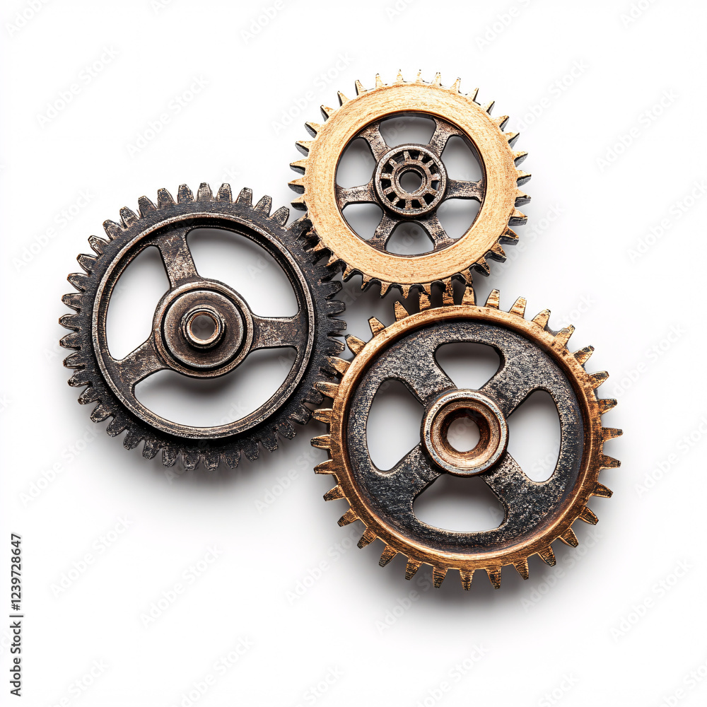 golden and silver metal cogs and gears interlocking on white background golden and silver metal cogs and gears interlocking on white background