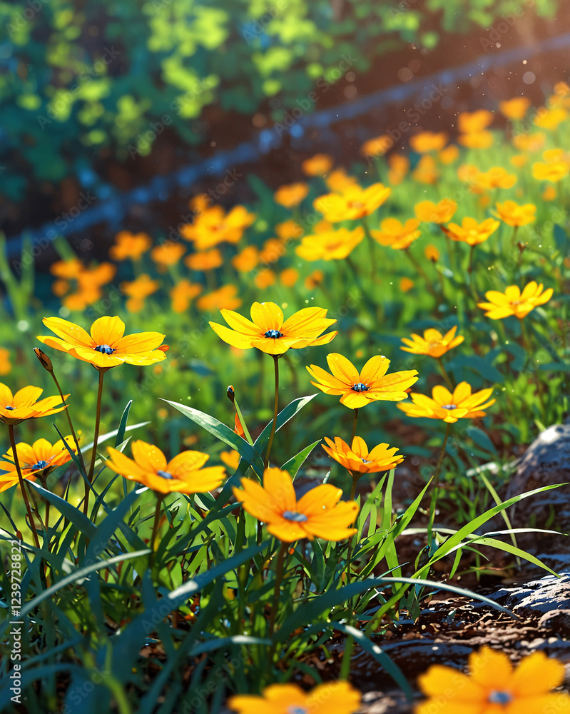 Fototapeta premium A picturesque meadow of yellow flowers near trees under the warmth of the sun Anime Wallpaper Background Illustration Aesthetic