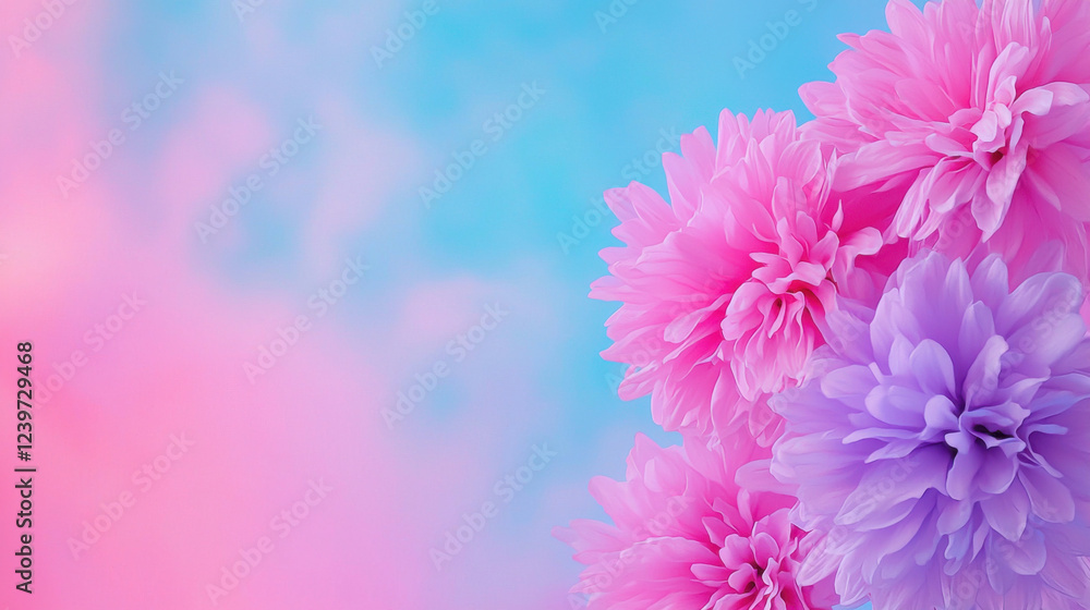 Fototapeta premium A vibrant display of pink and purple flowers against a soft blue and pink background, evoking a sense of tranquility and beauty.