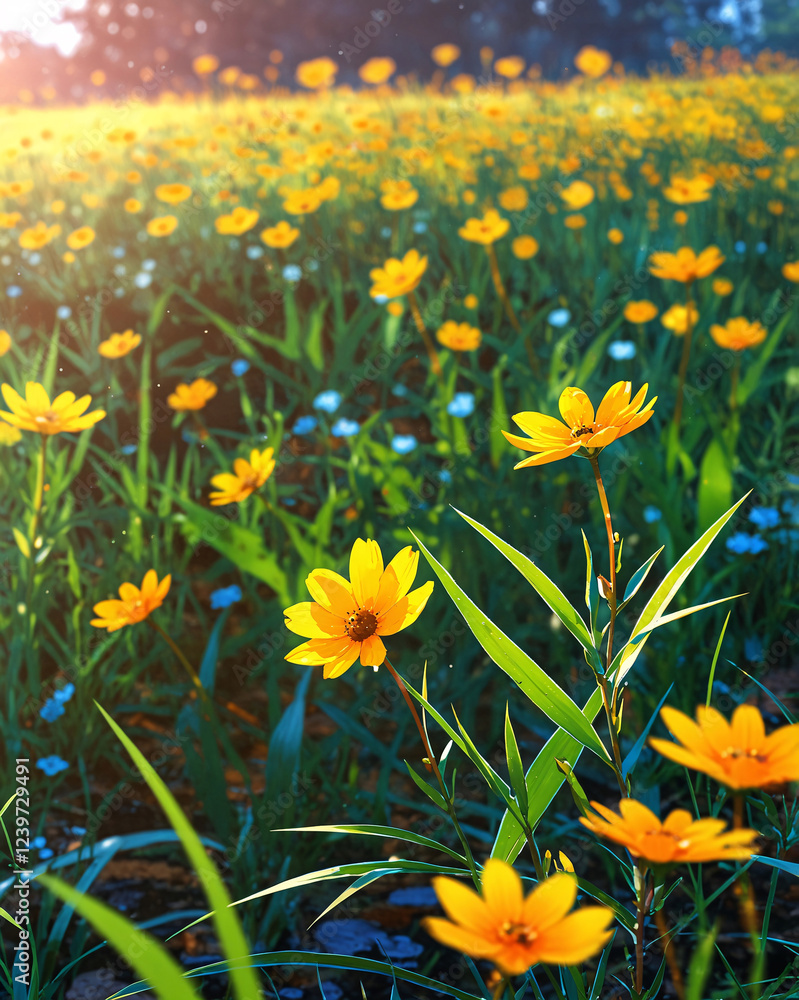 Fototapeta premium Golden yellow wildflowers covering a sunlit meadow surrounded by trees on a bright day Anime Wallpaper Background Illustration Aesthetic