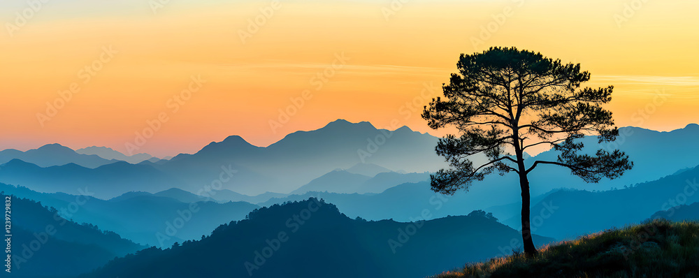 Fototapeta premium Tree Silhouette Against a Mountain Sunset, Vibrant Sunrise Over a Lush Green Valley