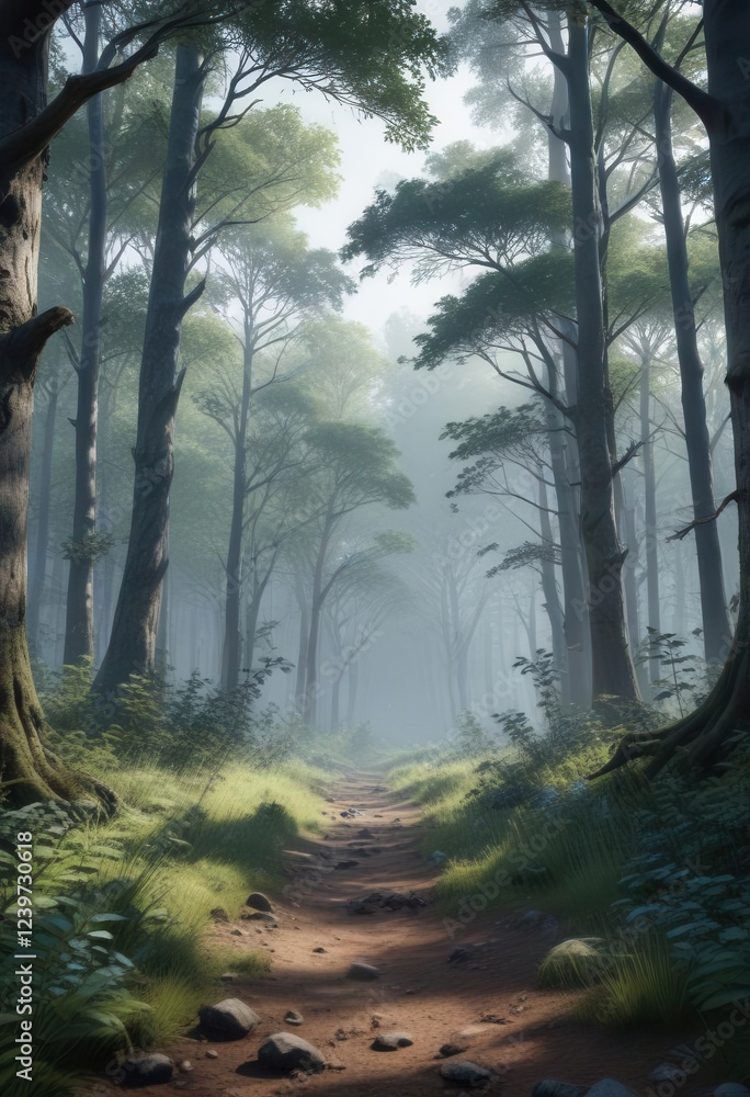 Fototapeta premium Forest landscape with greys and blues of wildlife in the woods, blues, nature, landscape