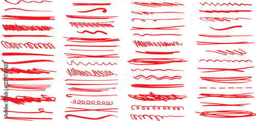 Red marker underline brush stroke set. Marker red pen highlights squiggle stroke. 