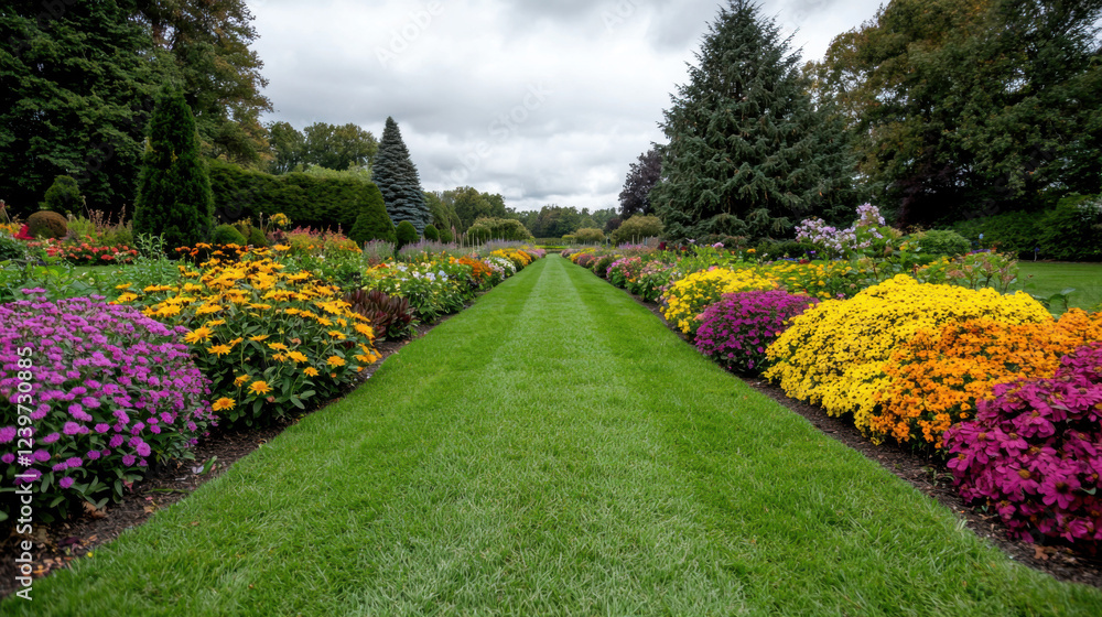 Obraz premium A vibrant garden path lined with colorful flower beds, showcasing a lush green lawn under a cloudy sky.