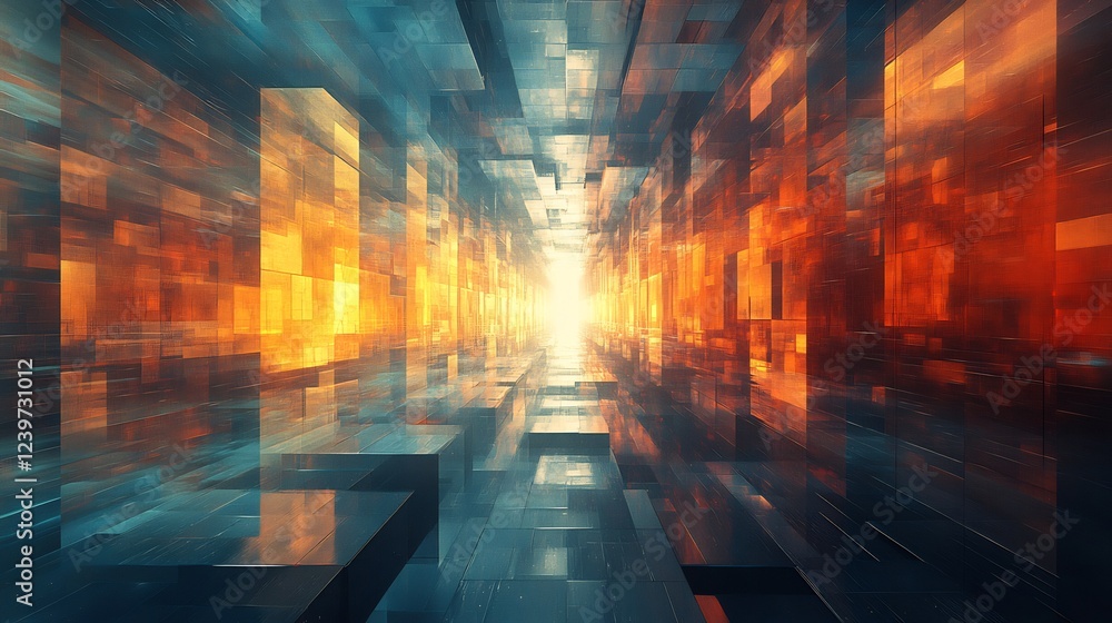 Naklejka premium Abstract Cityscape Glowing Warm Light Reflecting Cubes. AI Generated